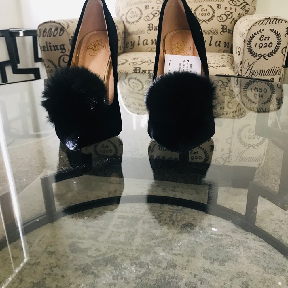 Black Velvet Stilettos with Furry Bobble on Top
